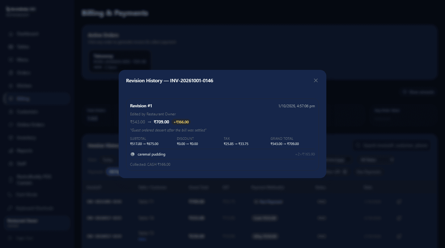 RestroBuddy POS Revision History in dark mode
