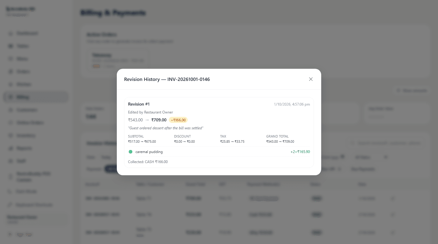 RestroBuddy POS Revision History for an invoice, showing the before/after total, the reason for the edit, and a line-item diff