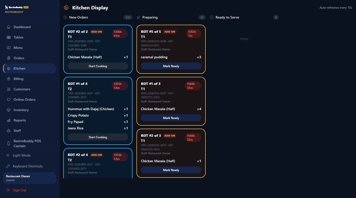 RestroBuddy POS Kitchen Display in dark mode