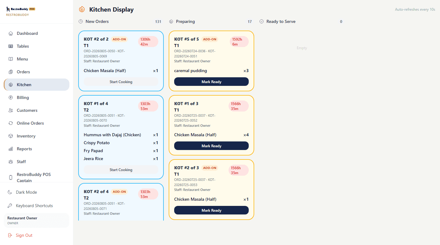 RestroBuddy POS Kitchen Display showing New Orders, Preparing, and Ready to Serve columns with live KOTs