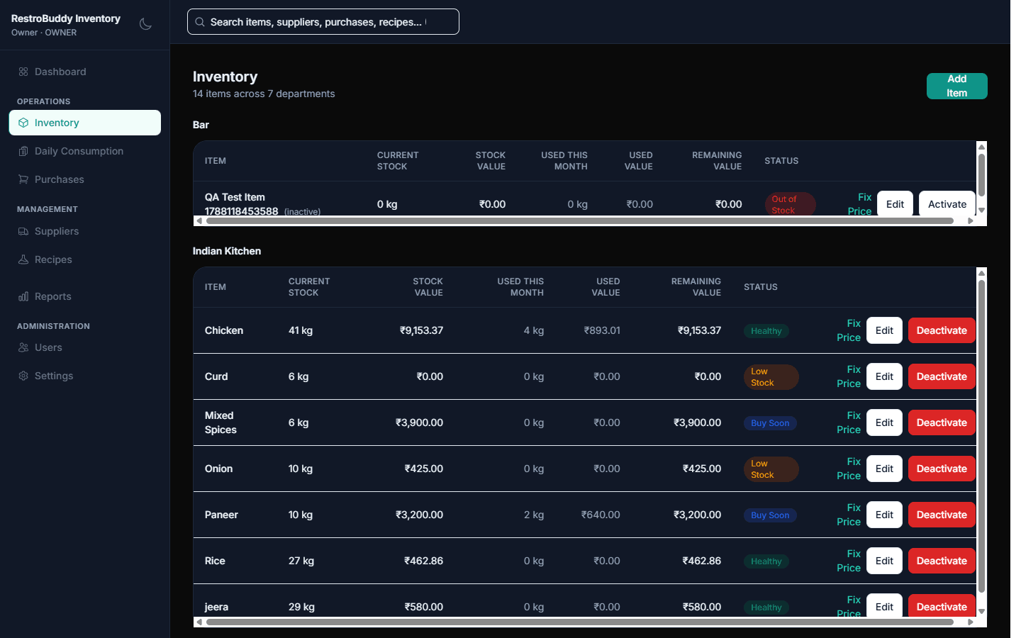RestroBuddy Inventory item list grouped by department with stock status