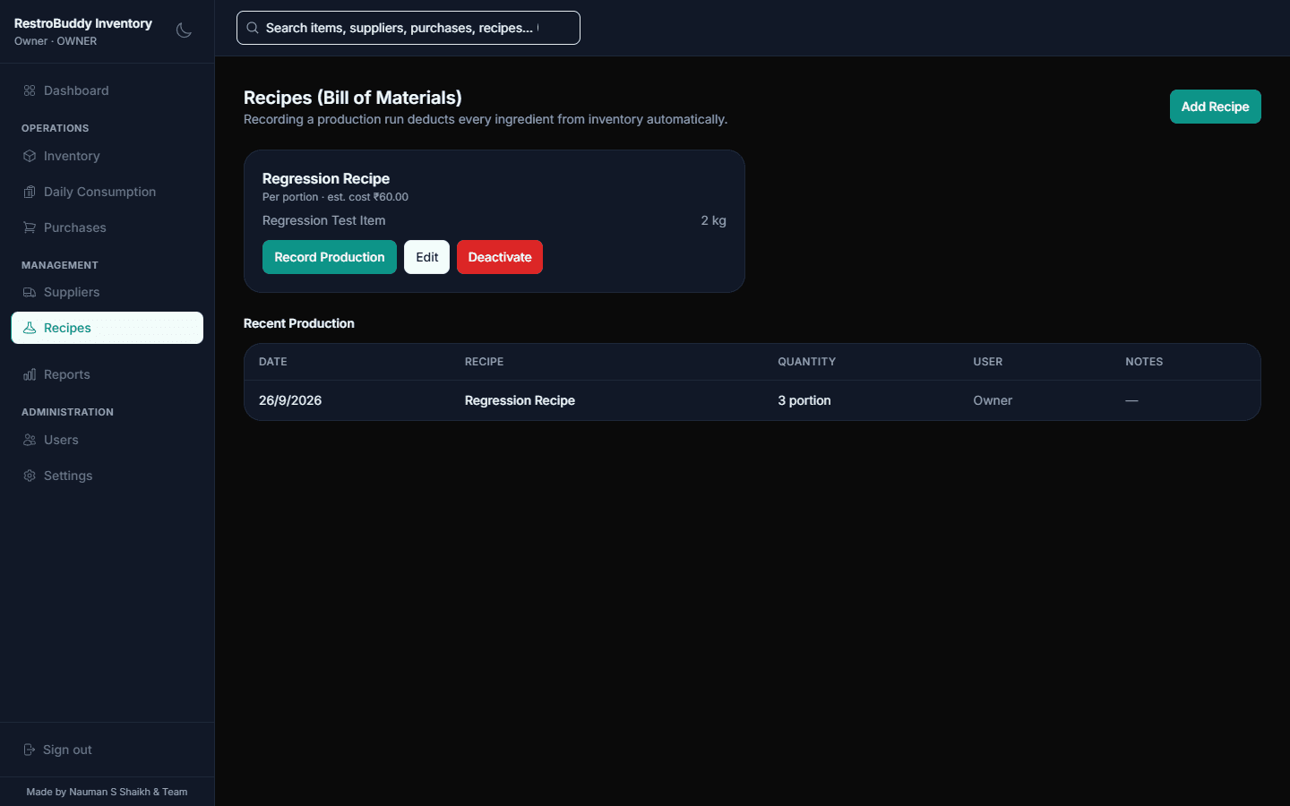RestroBuddy Inventory recipes (bill of materials) screen, deducting ingredients from stock on each production run