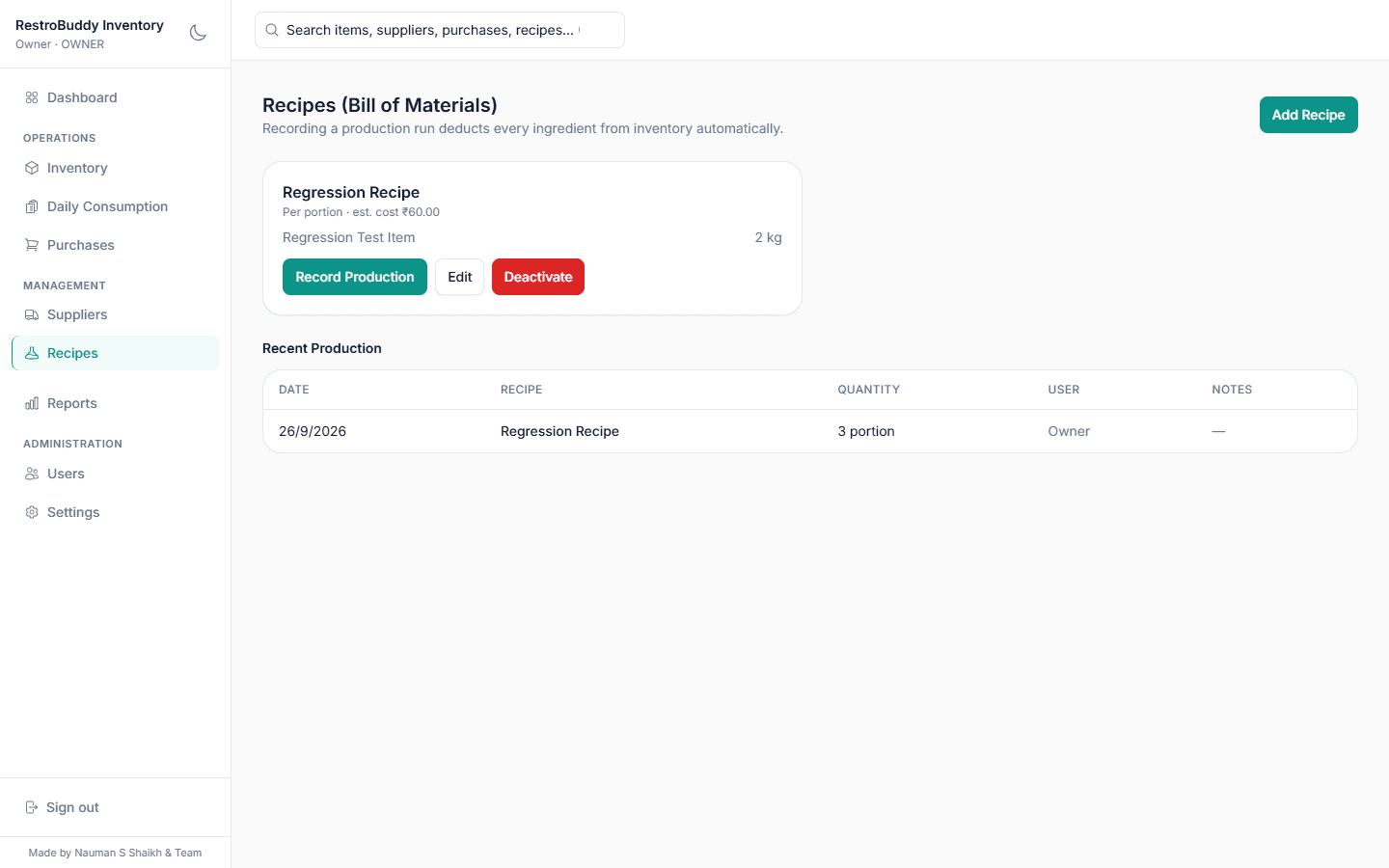RestroBuddy Inventory recipes (bill of materials) screen, deducting ingredients from stock on each production run