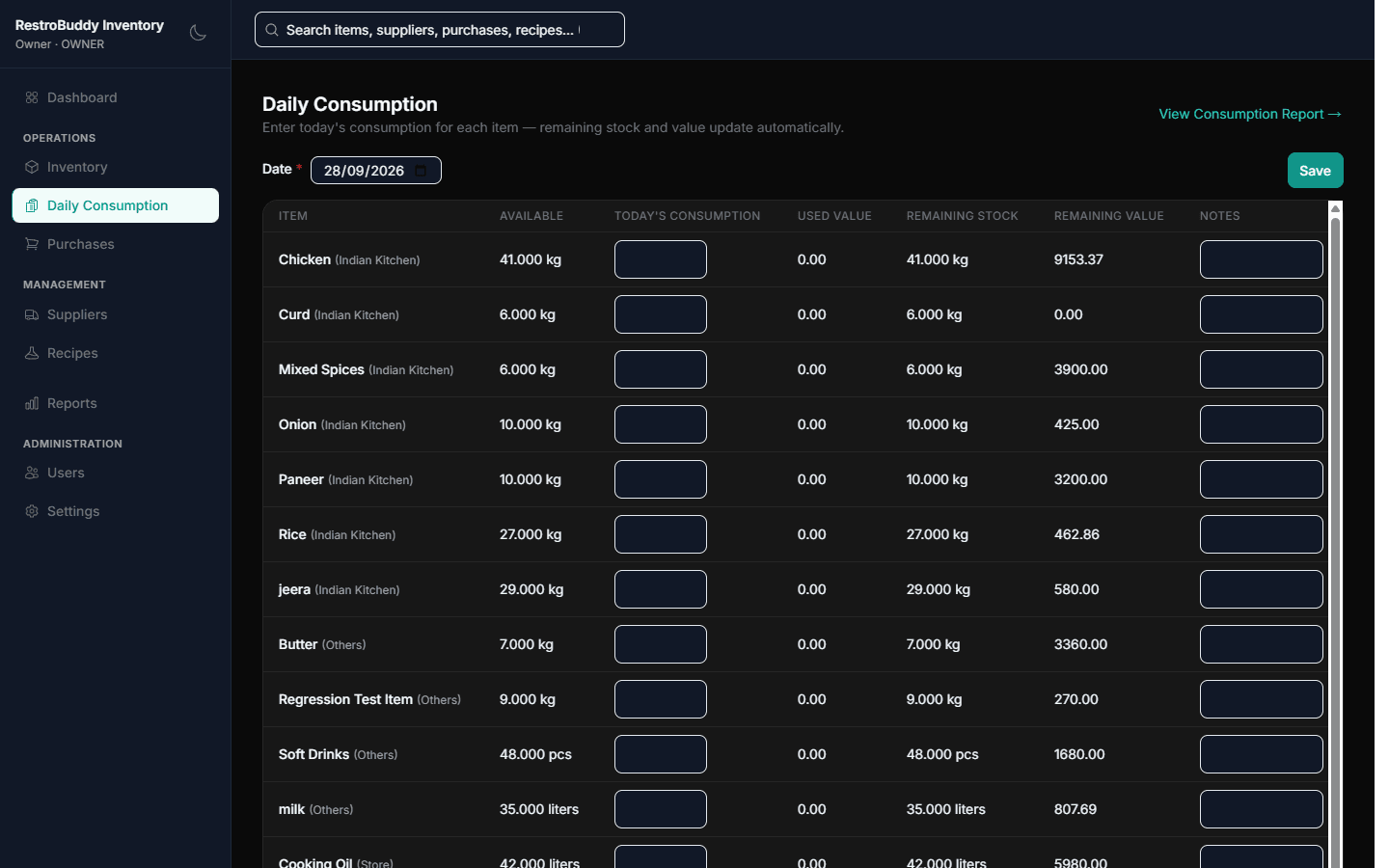 RestroBuddy Inventory daily consumption screen showing available stock, usage, and remaining value per item