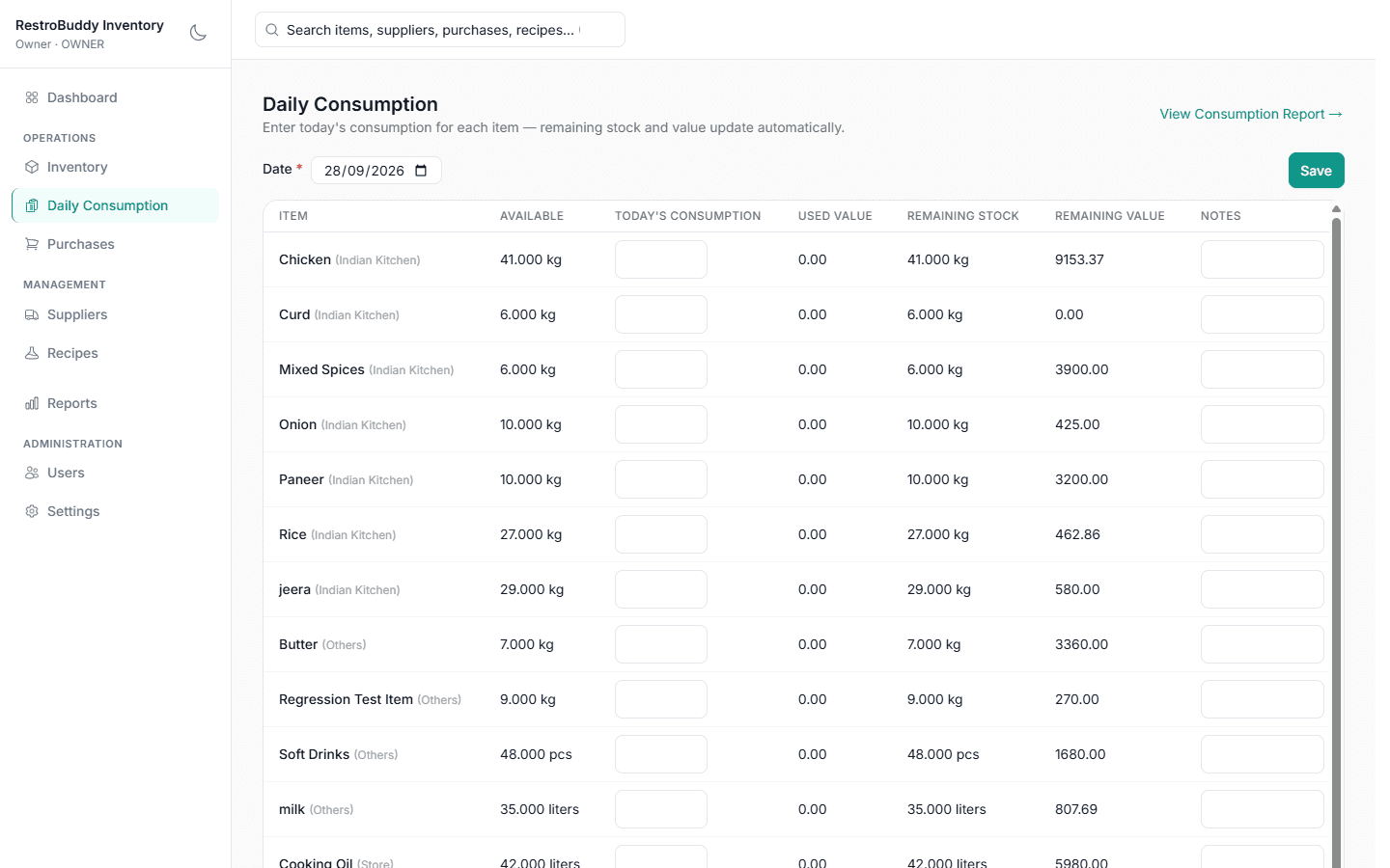 RestroBuddy Inventory daily consumption screen showing available stock, usage, and remaining value per item