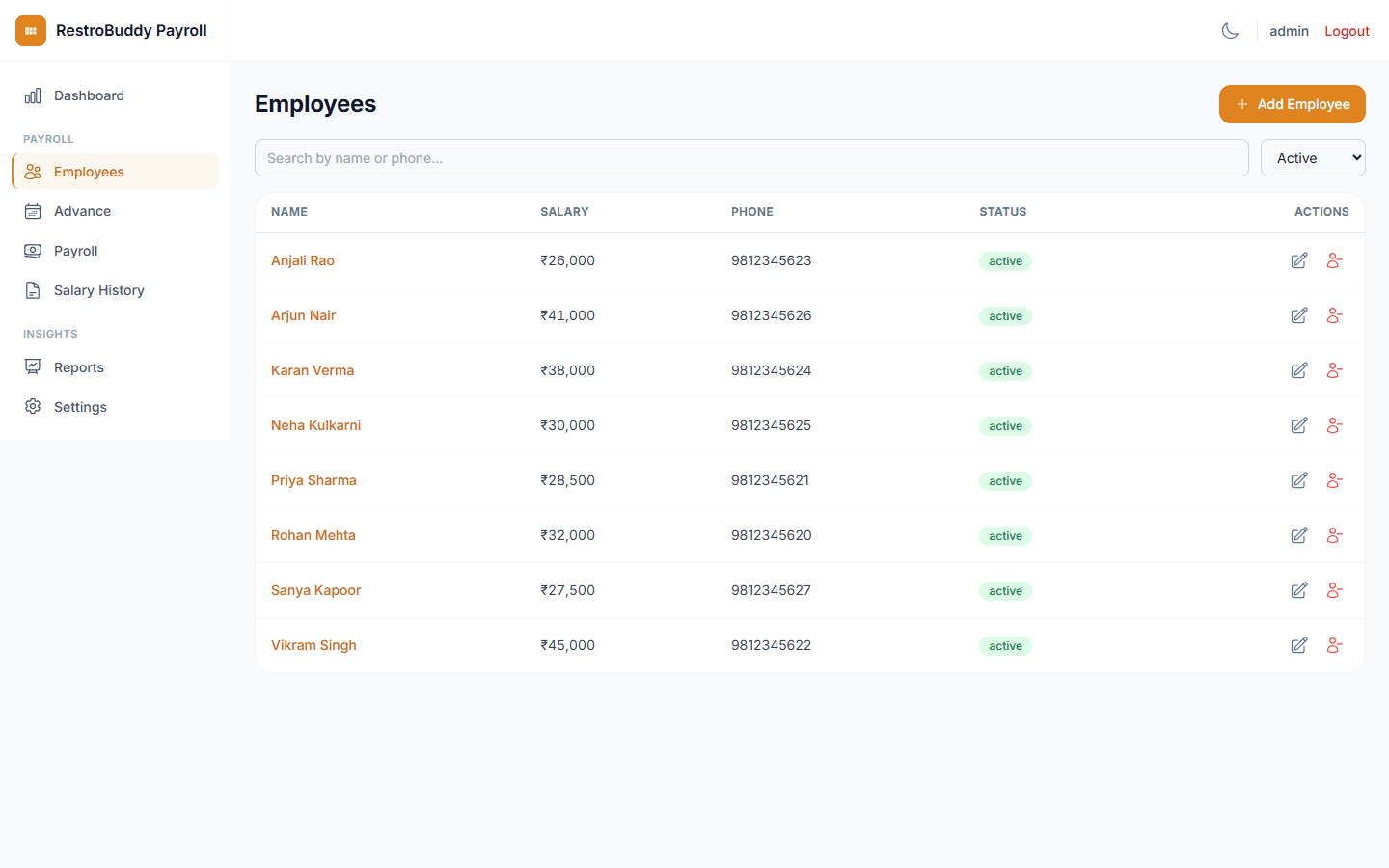 RestroBuddy Payroll employees list with search, status filter, and pagination