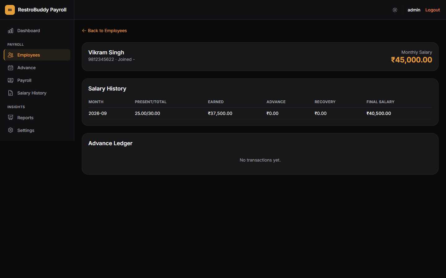 RestroBuddy Payroll employee profile showing salary history and advance ledger for one employee