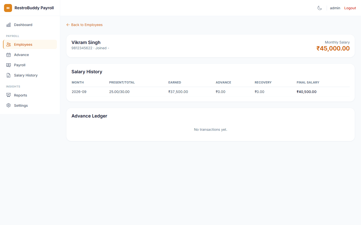 RestroBuddy Payroll employee profile showing salary history and advance ledger for one employee