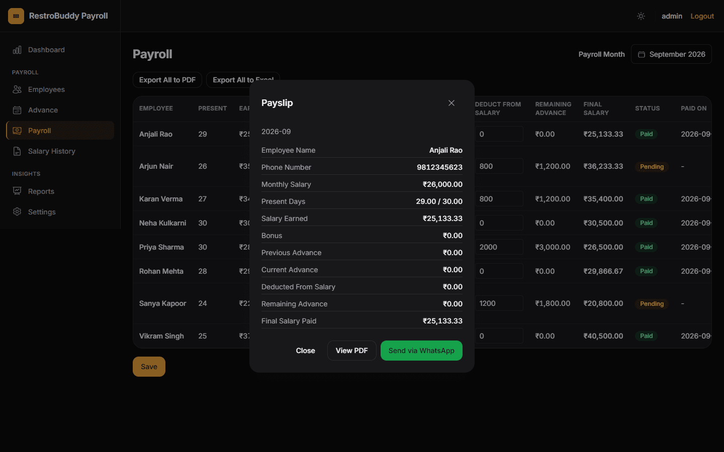 RestroBuddy Payroll itemized payslip, opened from the payroll table