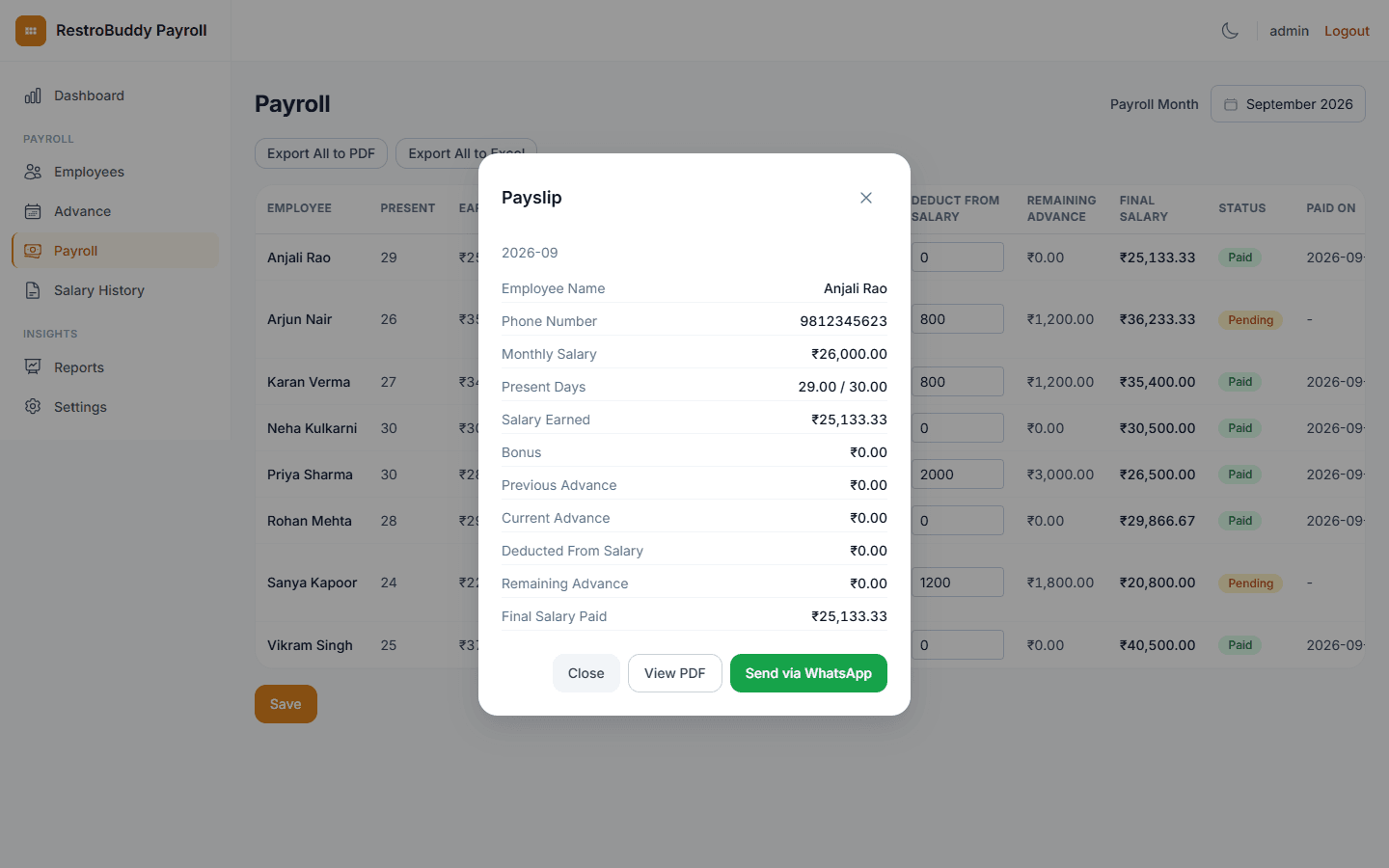 RestroBuddy Payroll itemized payslip, opened from the payroll table