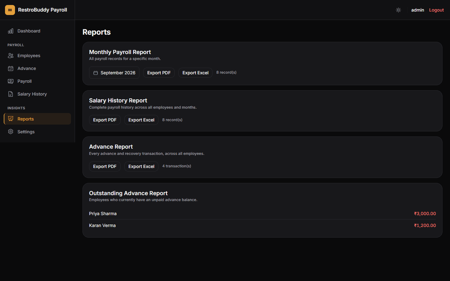 RestroBuddy Payroll reports hub with payroll, salary history, and advance exports