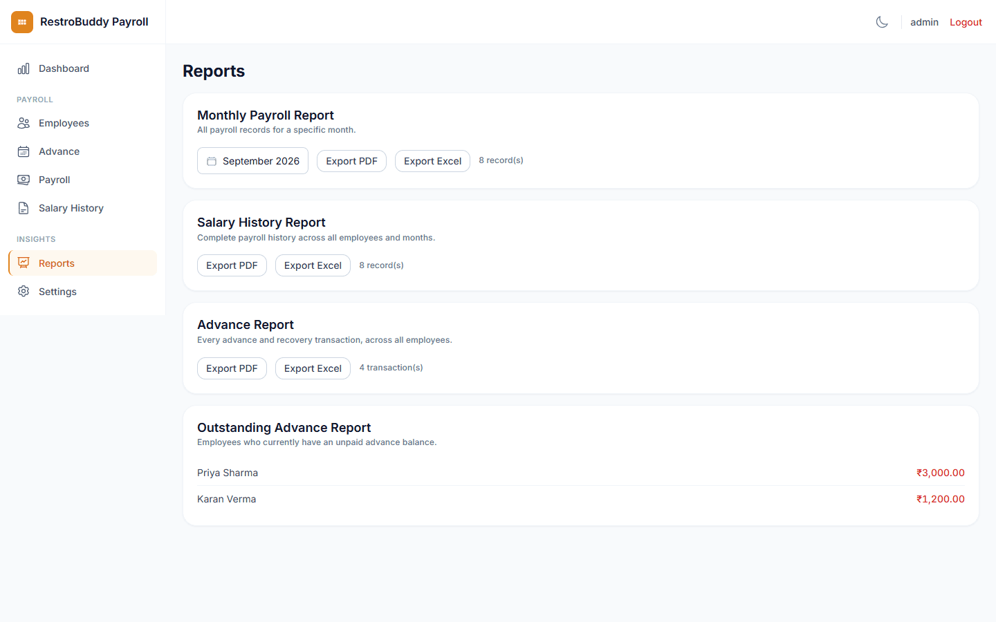 RestroBuddy Payroll reports hub with payroll, salary history, and advance exports