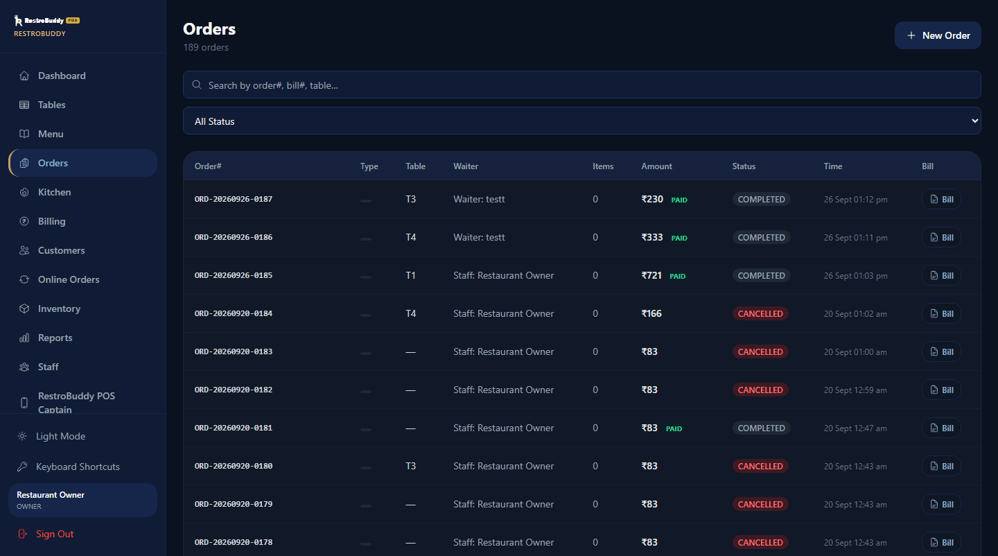 RestroBuddy POS Orders screen listing active and completed orders with status and billing