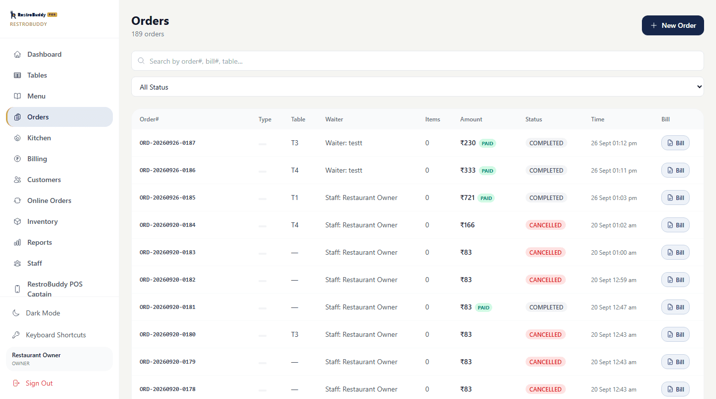 RestroBuddy POS Orders screen listing active and completed orders with status and billing