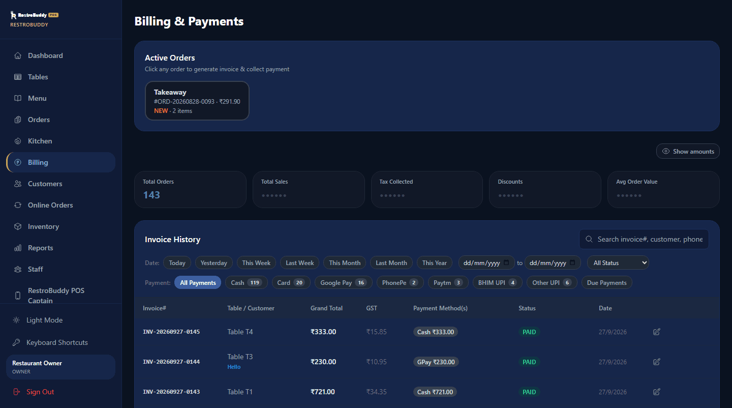 RestroBuddy POS Billing & Payments screen with active orders and invoice history