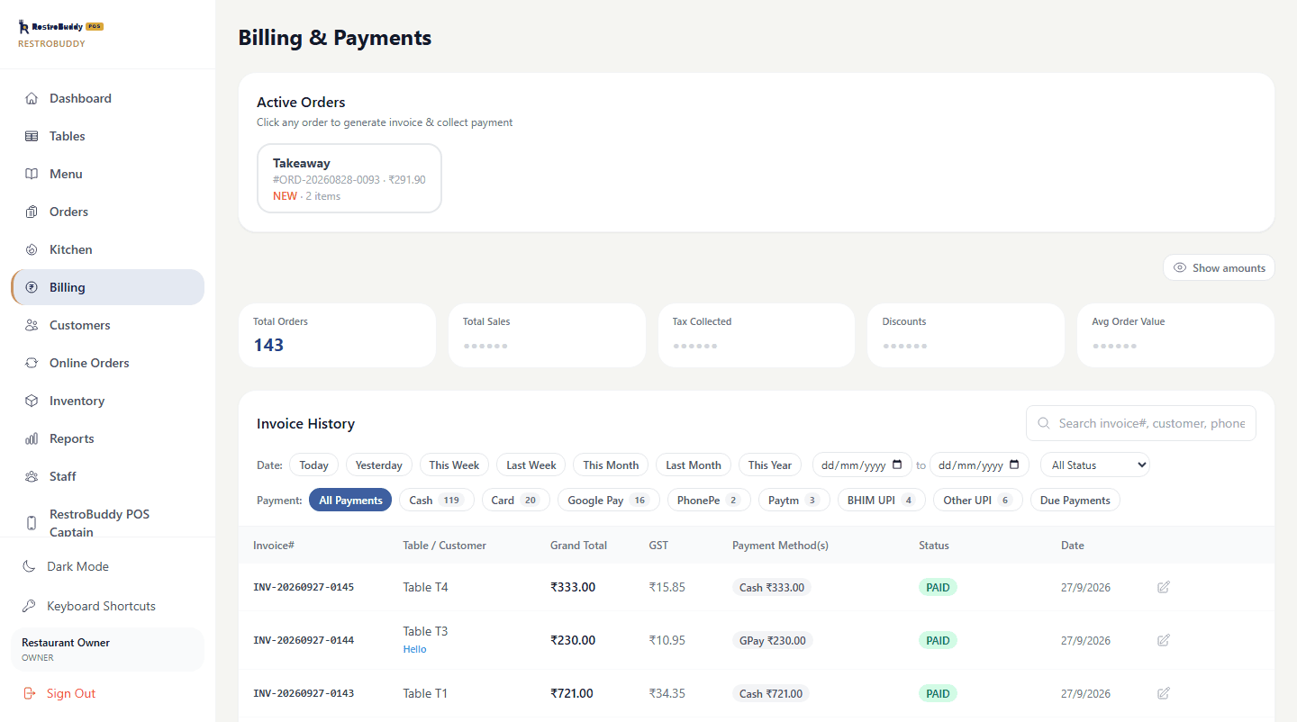 RestroBuddy POS Billing & Payments screen with active orders and invoice history