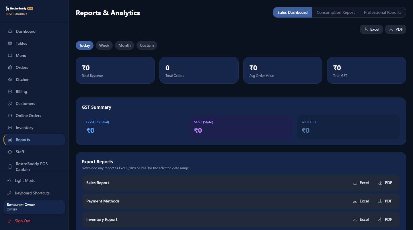 RestroBuddy POS Reports screen in dark mode