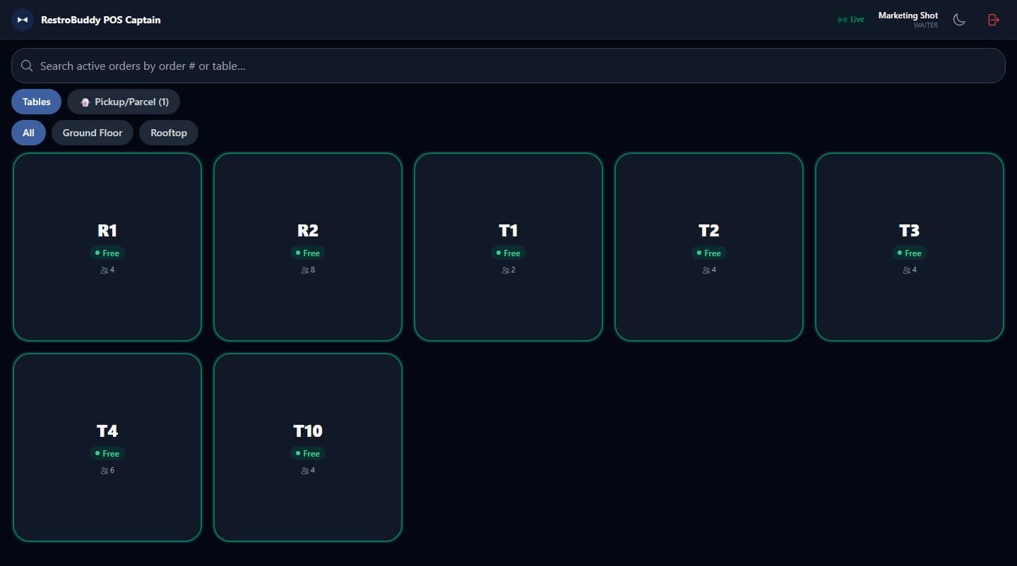 RestroBuddy POS Captain waiter app showing the table floor plan
