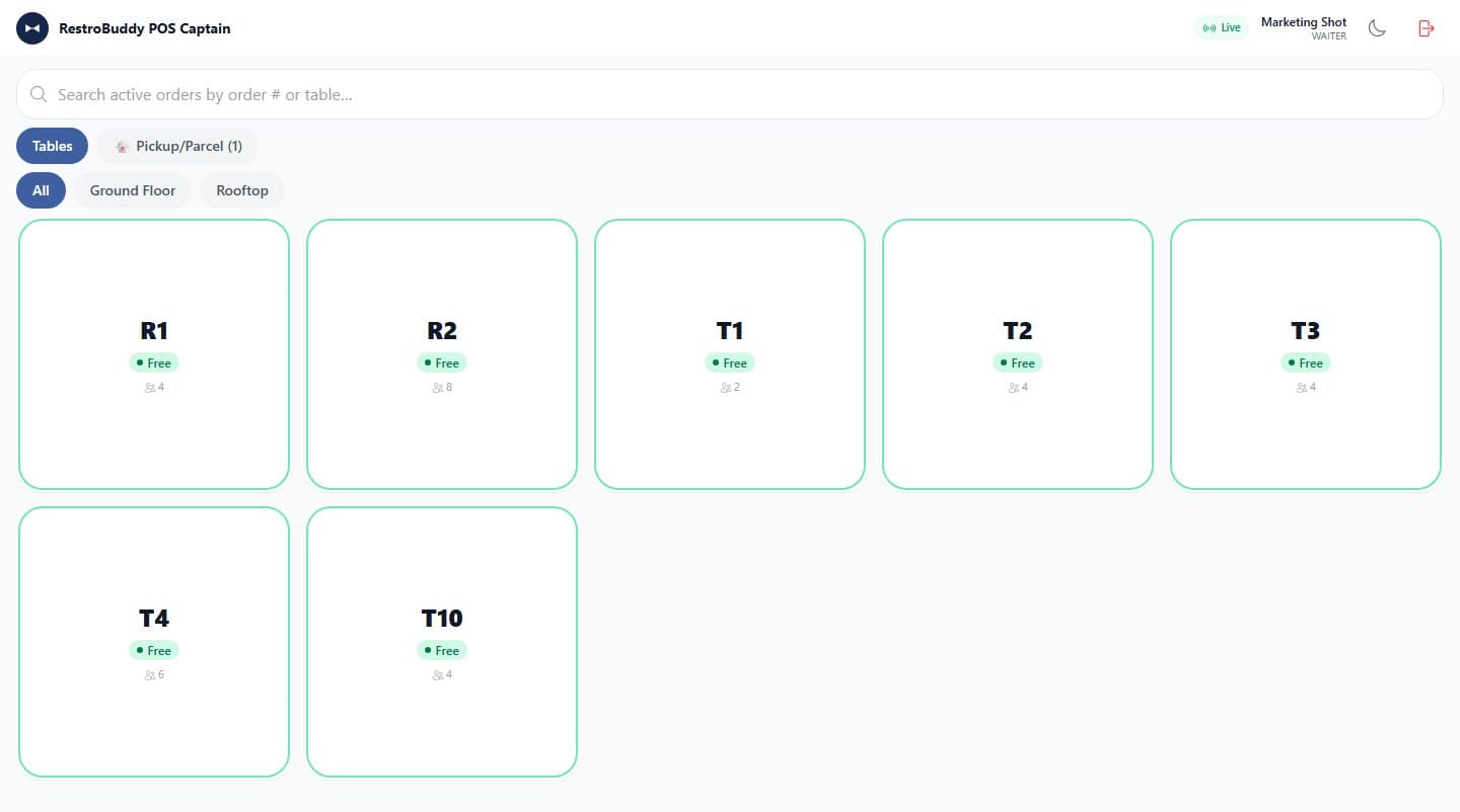 RestroBuddy POS Captain waiter app showing the table floor plan