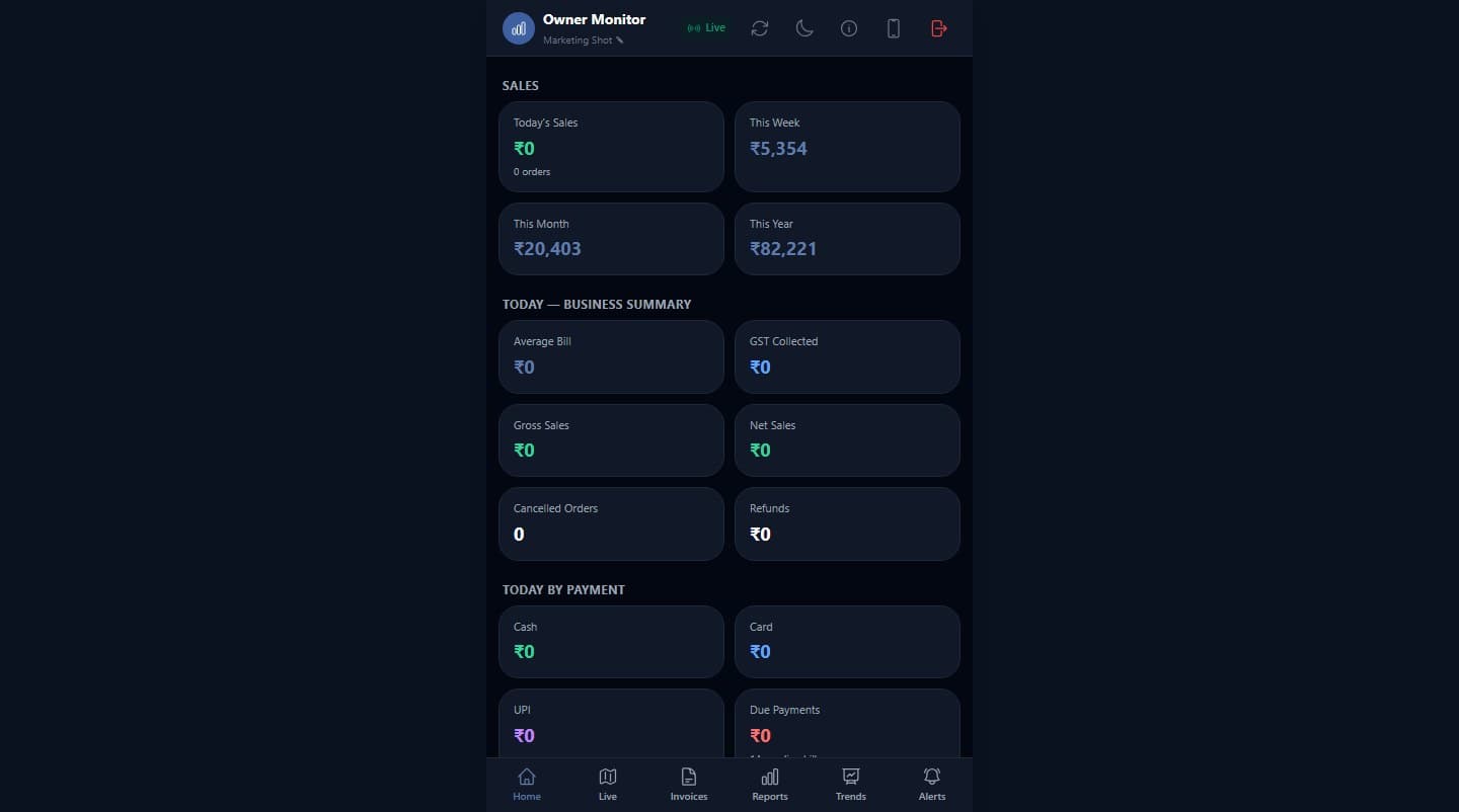 RestroBuddy POS Owner app showing remote sales monitoring on a phone