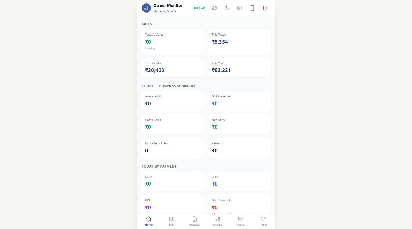 RestroBuddy POS Owner app showing remote sales monitoring on a phone